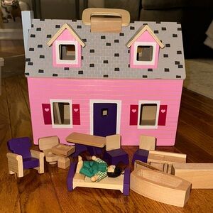 Melissa & Doug Fold and Go Wooden Dollhouse with Furniture Set